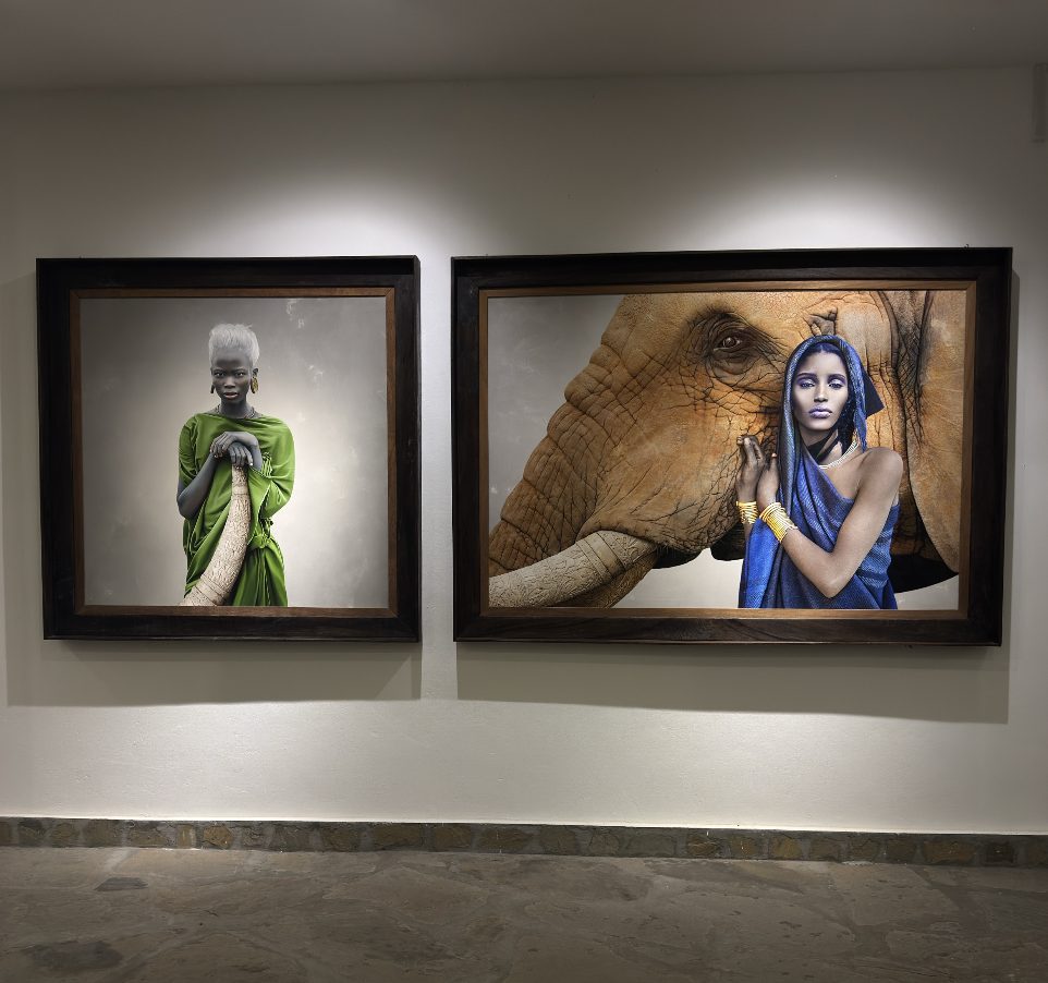Woman in green holding a tusk, beside a woman in blue with an elephant