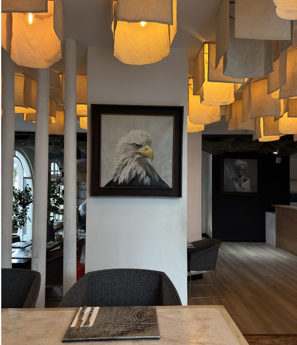 Eagle portrait on a white column in the restaurant