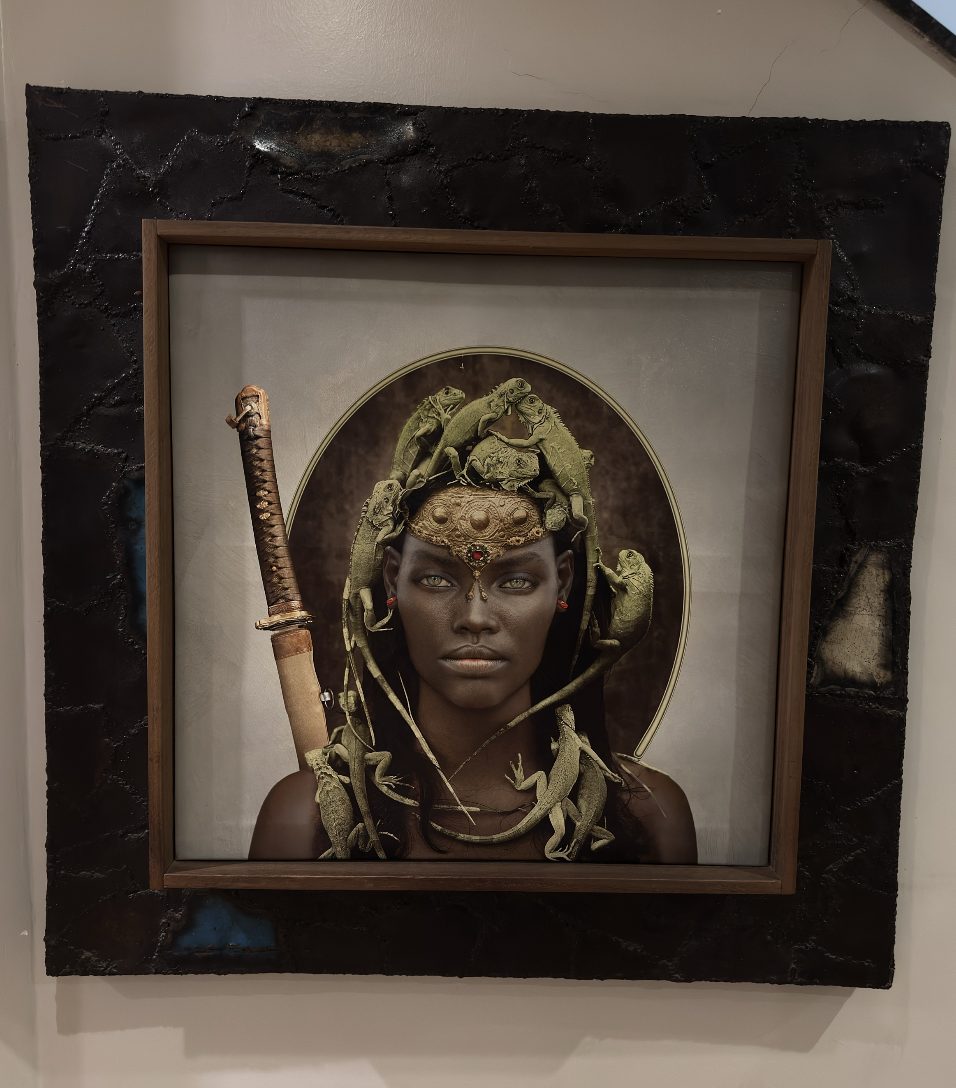 Woman crowned with iguanas, in a wide dark frame